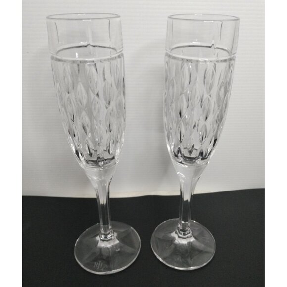 Set Of 2 Ralph Lauren Crystal ‘Aston’ 9.5” Champagne Flutes - Picture 2 of 13